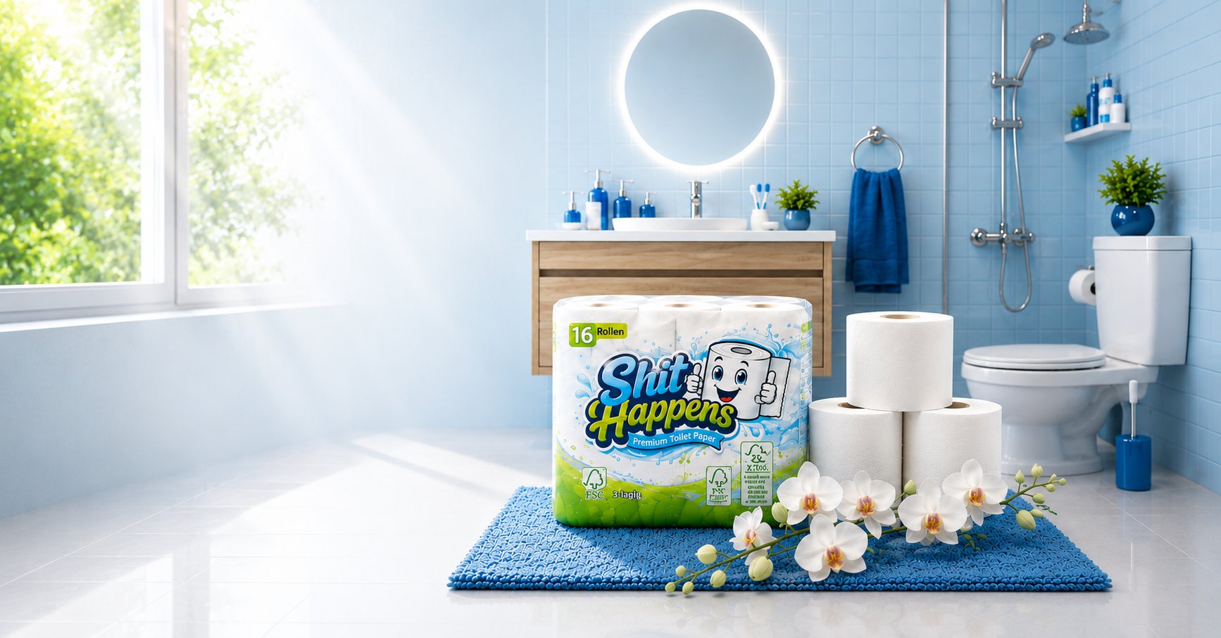 Shit Happens Premium-Toilettenpapier in einem hellen, modernen Badezimmer
